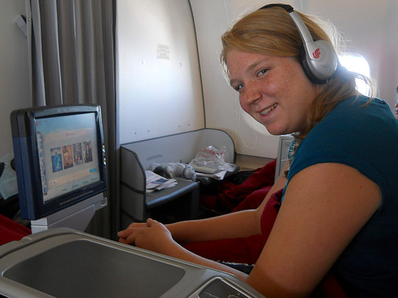 Joslyn figured out how to get the video screen out between the seats.