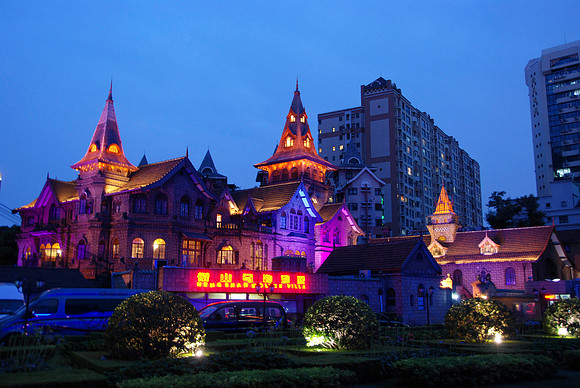 Our hotel, beautifully lit up at night