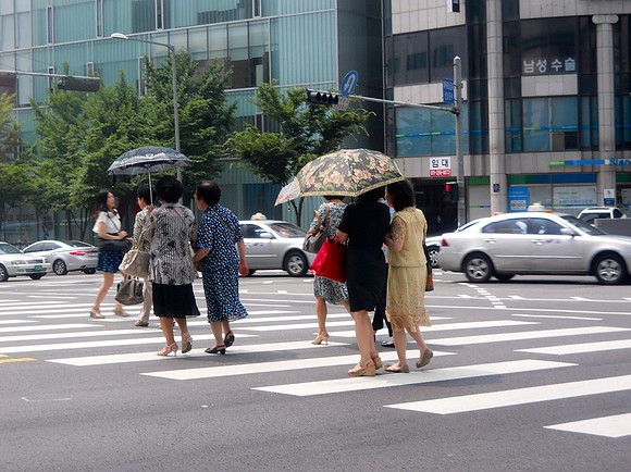 Stylish ladies crossing the street.