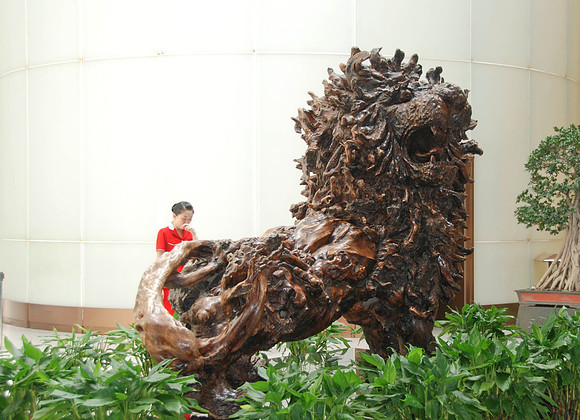 Huge wooden carved lion.