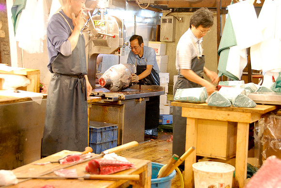 Slicing tuna with an electric  saw!