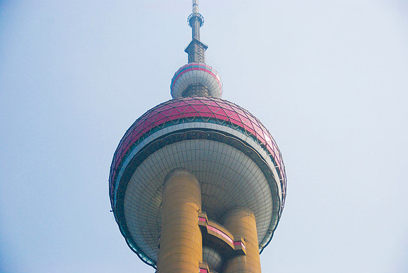 View from the ground of the Pearl Tower, 468 meters high and the tallest in Asia.